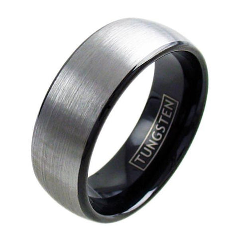 Two-tone tungsten carbide ring w/ silver brushed satin finish outer band & black inner band | White photo