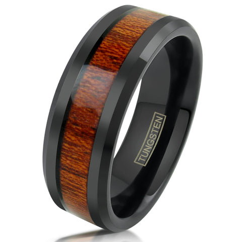 Black Tungsten Carbide Band Ring w/ Sandalwood Inlay & Polished Beveled Edges  | White photo