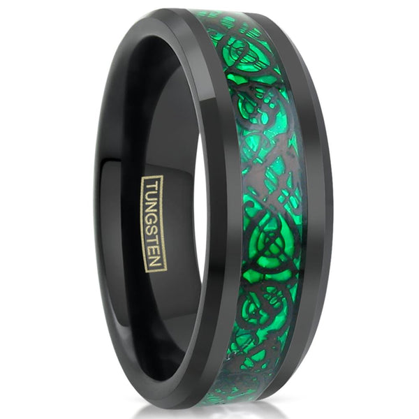Black tungsten ring w/ Black Celtic dragon on Green Faux Carbon Fiber | Wholesale Tungsten Rings - Wedding Bands | Main Photo