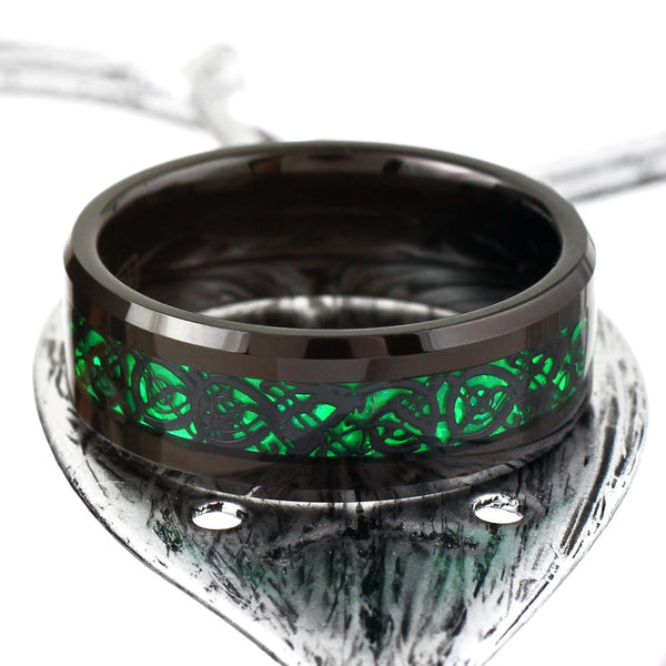 Black tungsten ring w/ Black Celtic dragon on Green Faux Carbon Fiber | Wholesale Tungsten Rings - Wedding Bands | Leaf Photo