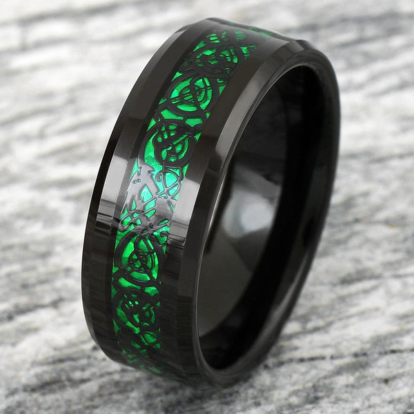 Black tungsten ring w/ Black Celtic dragon on Green Faux Carbon Fiber | Wholesale Tungsten Rings - Wedding Bands | Stone Photo