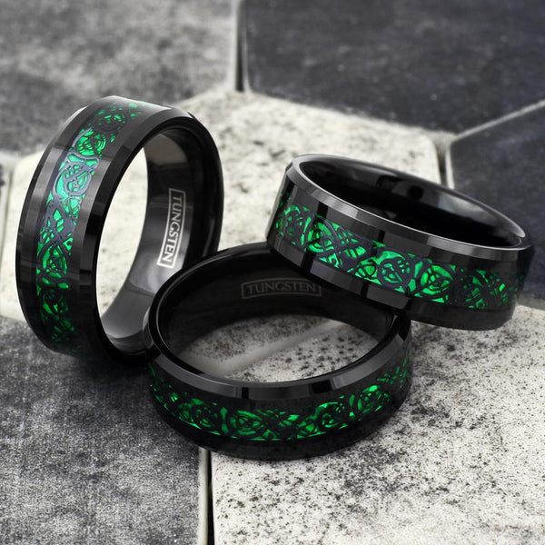 Black tungsten ring w/ Black Celtic dragon on Green Faux Carbon Fiber | Wholesale Tungsten Rings - Wedding Bands | Group Photo