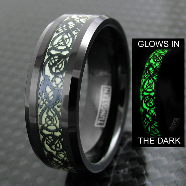Stunning Black Tungsten Ring with Black Celtic Dragon on Glow in the Dark Background.