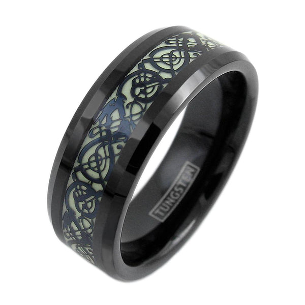 Stunning Black Tungsten Ring with Black Celtic Dragon on Glow in the Dark Background.