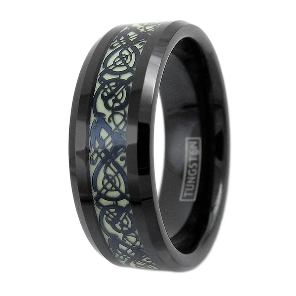 Stunning Black Tungsten Ring with Black Celtic Dragon on Glow in the Dark Background.