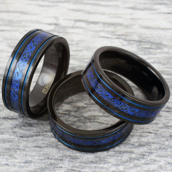 Black tungsten ring w. blue Celtic dragon between two blue stripes | Wholesale Tungsten Rings - Wedding Bands | Group Photo