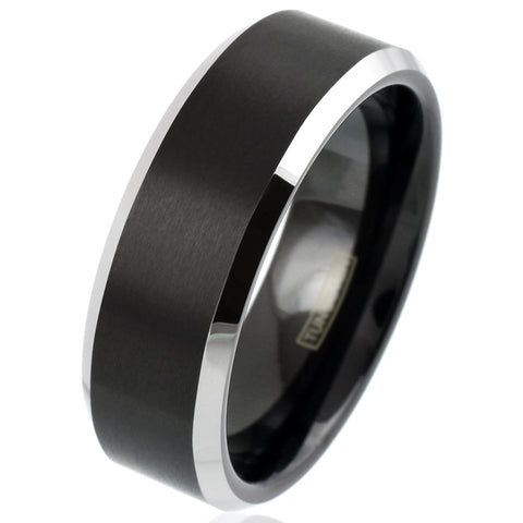 Brushed finish black tungsten carbide ring w/ polished silver beveled edges | White photo