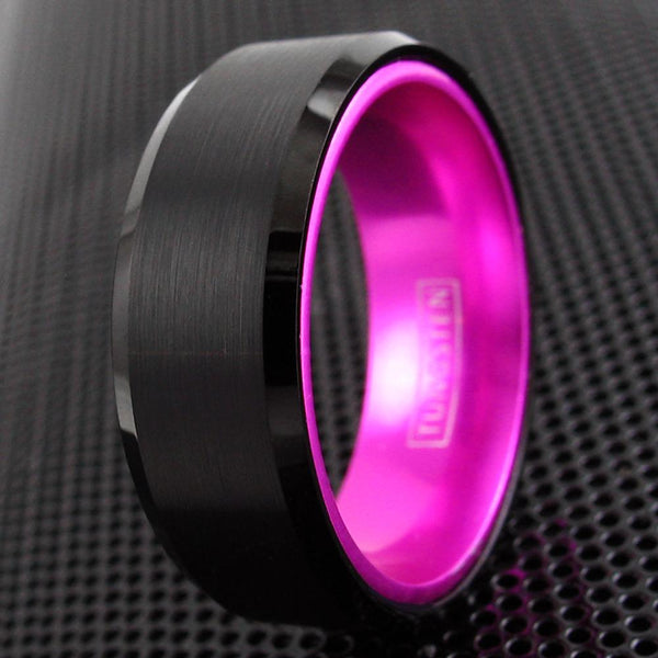 Black Tungsten ring w/ hot pink anodized aluminum inner band | Wholesale ceramic rings - wedding bands | Black photo