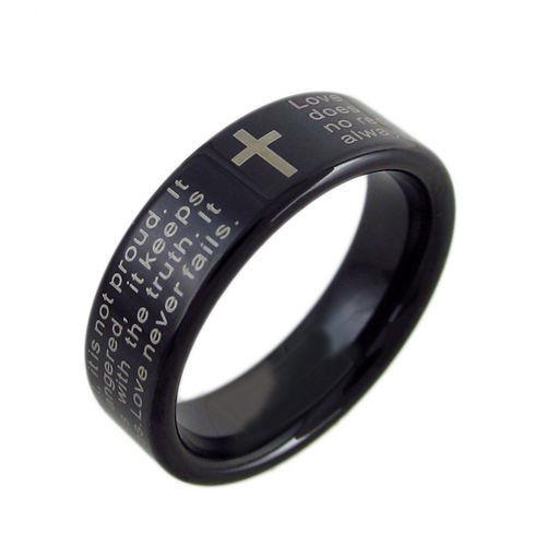 Black tungsten ring with 1st Corinthians Bible Verse. Wholesale tungsten rings | tungsten wedding bands. Diagonal1 photo.