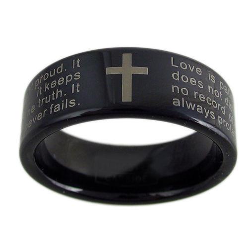Black tungsten ring with 1st Corinthians Bible Verse. Wholesale tungsten rings | tungsten wedding bands. Flat1 photo.