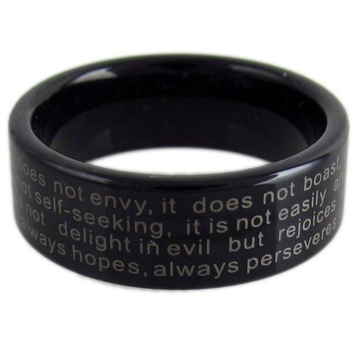 Black tungsten ring with 1st Corinthians Bible Verse. Wholesale tungsten rings | tungsten wedding bands. Flat2 photo.