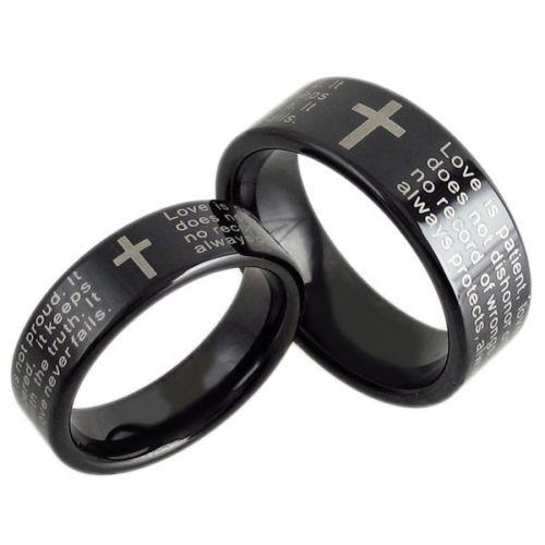 Black tungsten ring with 1st Corinthians Bible Verse. Wholesale tungsten rings | tungsten wedding bands. Duo photo.
