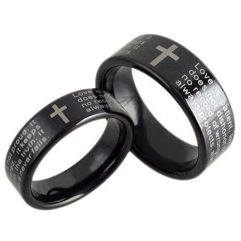 Black tungsten ring with 1st Corinthians Bible Verse. Wholesale tungsten rings | tungsten wedding bands. Duo photo.