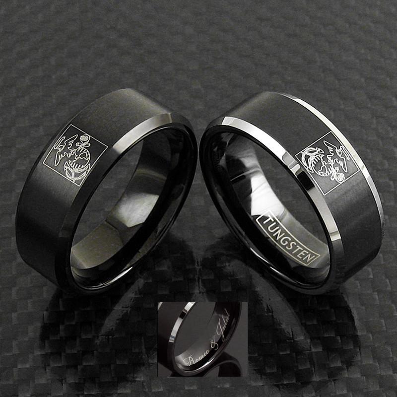 Cool Black Tungsten Ring with Laser Engraved US Marine Corps Logo.