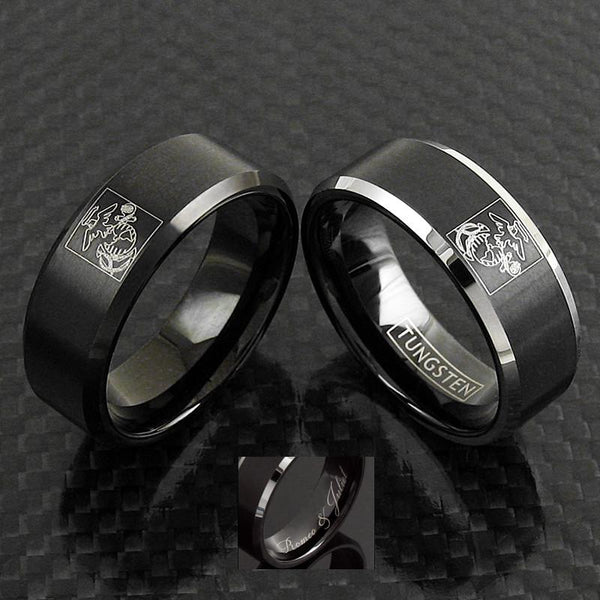 Black tungsten ring w engraved Marine Corps logo - wholesale tungsten rings | wedding bands - Engraving sample photo