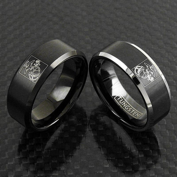 Black tungsten ring w engraved Marine Corps logo - wholesale tungsten rings | wedding bands - Main photo
