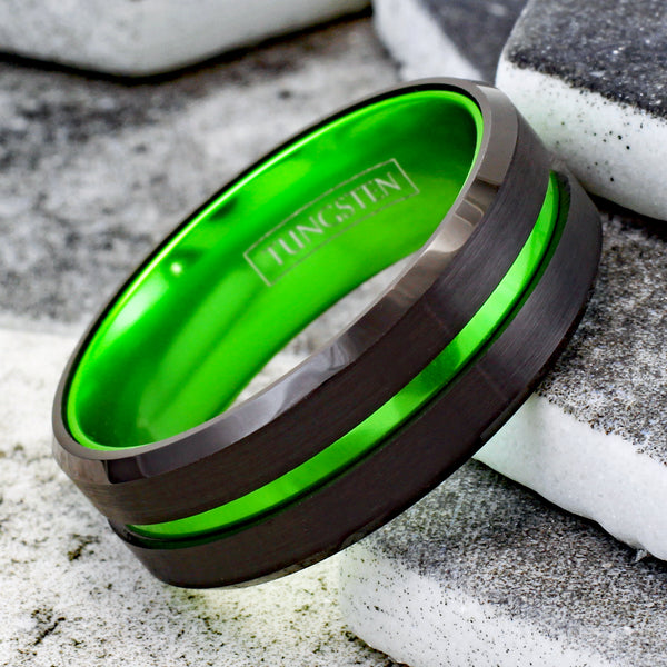 Luscious Black Tungsten Ring with Lime Green Stripe & Lime Green Anodized Aluminum Inner Band, with Beveled Edges.