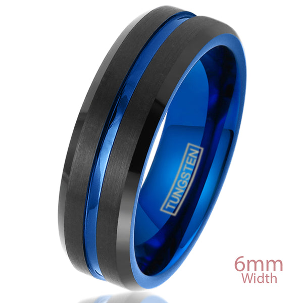 Black tungsten ring w/ Blue stripe & inner band & Beveled edges | 6mm white photo