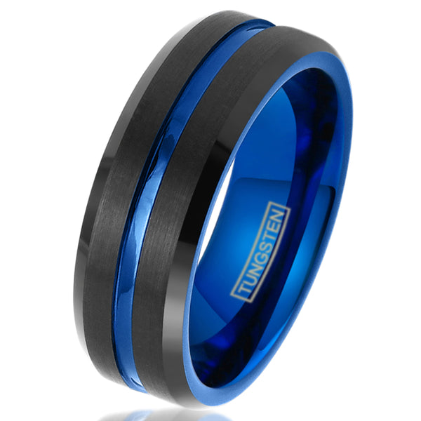 Black tungsten ring w/ Blue stripe & inner band & Beveled edges | 8mm white photo
