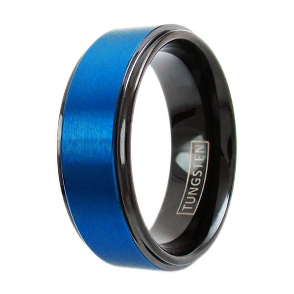 Black tungsten ring w/ satin finish royal blue band | Wholesale tungsten ring - wedding band | Alternate photo