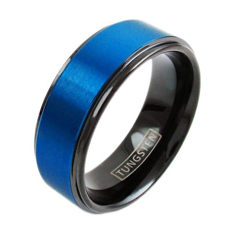 Black tungsten ring w/ satin finish royal blue band | Wholesale tungsten ring - wedding band | Main photo