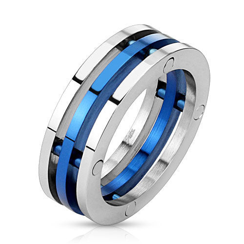 Blue and natural polished stainless steel triple band ring | Wholesale 316L stainless steel rings - Jewelry