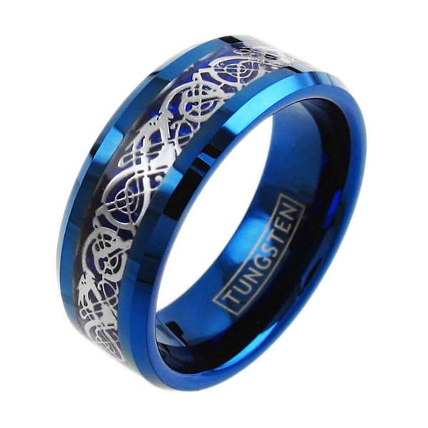 Blue tungsten ring | Silver Celtic dragon | Cobalt blue inlay. Wholesale Tungsten Rings - Wedding Bands | Diagonal Photo.