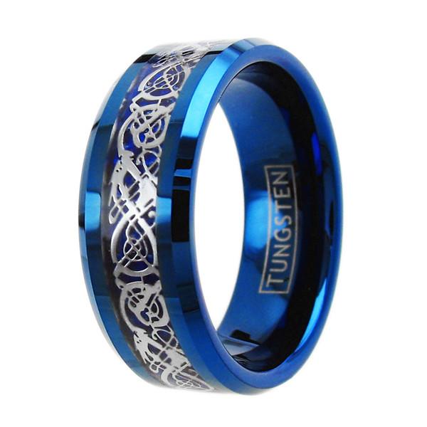 Blue tungsten ring | Silver Celtic dragon | Cobalt blue inlay. Wholesale Tungsten Rings - Wedding Bands | Upright Photo.