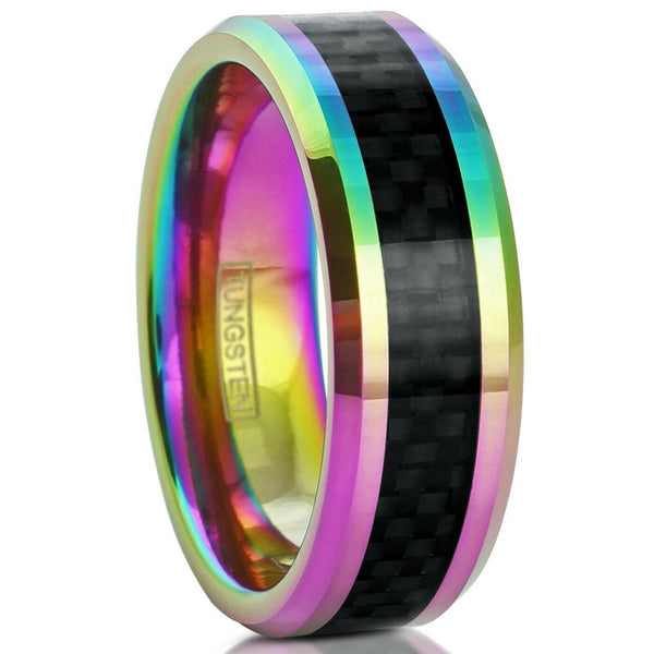 Rainbow plated tungsten carbide flat band ring w/ black black faux carbon fiber inlay | 8mm white photo