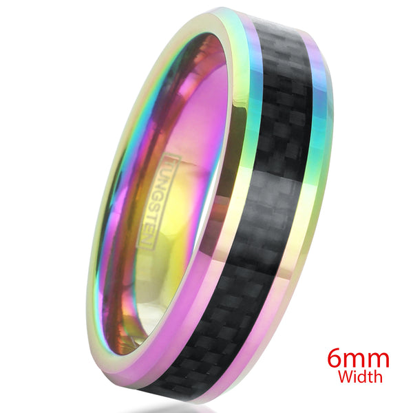 Rainbow plated tungsten carbide flat band ring w/ black black faux carbon fiber inlay | 6mm white photo