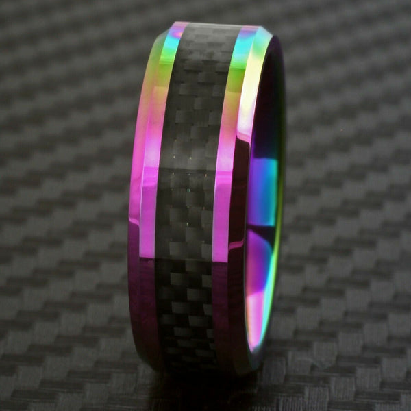 Rainbow plated tungsten carbide flat band ring w/ black black faux carbon fiber inlay | Front black photo