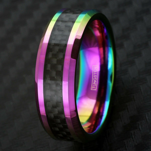 Rainbow plated tungsten carbide flat band ring w/ black black faux carbon fiber inlay | Quarter black photo