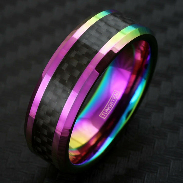 Rainbow plated tungsten carbide flat band ring w/ black black faux carbon fiber inlay | Tilted black photo