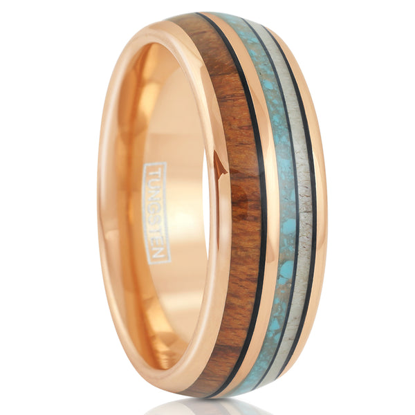 Rose Gold Tungsten Carbide Low Dome Band Ring | Deer Antler -  Blue Turquoise - Koa Wood Inlays | White photo