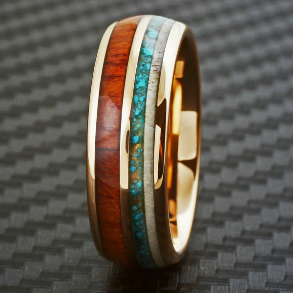Rose Gold Tungsten Carbide Low Dome Band Ring | Deer Antler - Blue Turquoise - Koa Wood Inlays | Black photo