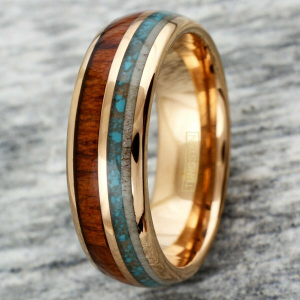 Rose Gold Tungsten Carbide Low Dome Band Ring | Deer Antler - Blue Turquoise - Koa Wood Inlays | Front photo