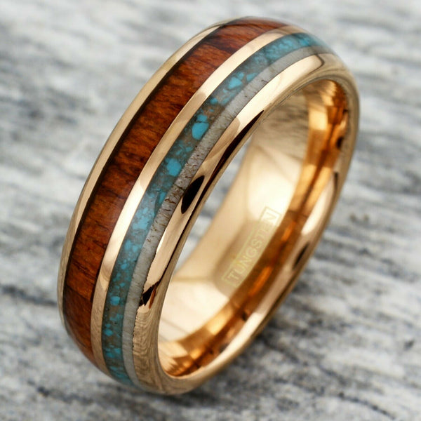 Rose Gold Tungsten Carbide Low Dome Band Ring | Deer Antler - Blue Turquoise - Koa Wood Inlays | Tilted photo