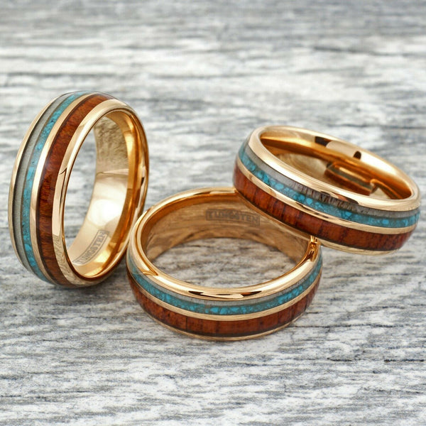 Rose Gold Tungsten Carbide Low Dome Band Ring | Deer Antler - Blue Turquoise - Koa Wood Inlays | Group photo
