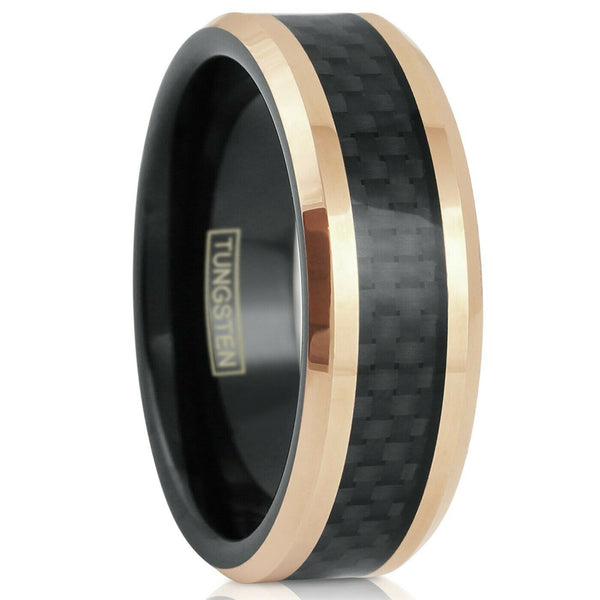rose gold tungsten carbide flat band ring w/ black faux carbon fiber inlay & black inner band | white photo