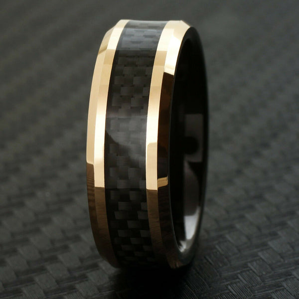 rose gold tungsten carbide flat band ring w/ black faux carbon fiber inlay & black inner band | front photo