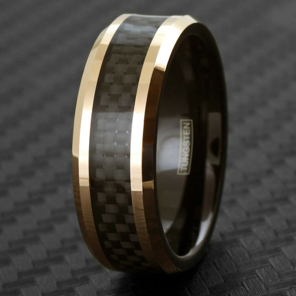 rose gold tungsten carbide flat band ring w/ black faux carbon fiber inlay & black inner band | quarter photo