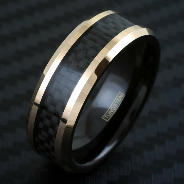 rose gold tungsten carbide flat band ring w/ black faux carbon fiber inlay & black inner band | tilted photo