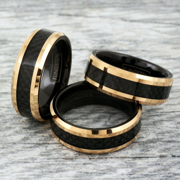 rose gold tungsten carbide flat band ring w/ black faux carbon fiber inlay & black inner band | group photo