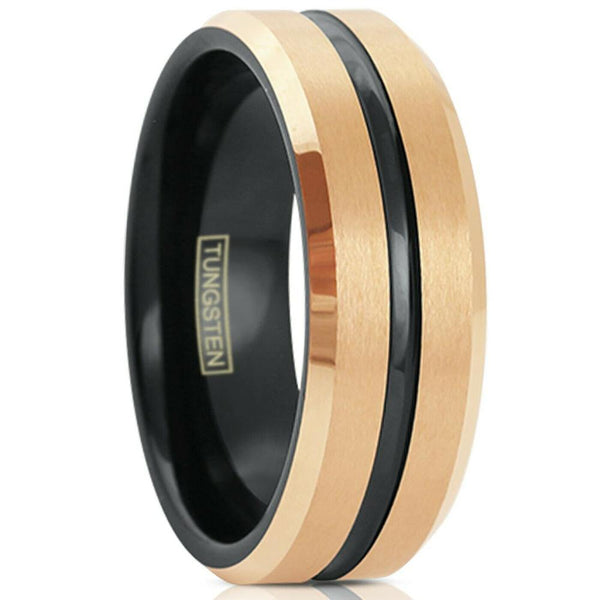 rose gold tungsten carbide ring w/ black stripe & black inner band | Wholesale tungsten carbide rings - wedding bands | white photo