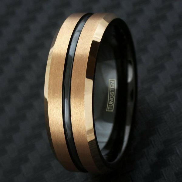 rose gold tungsten carbide ring w/ black stripe & black inner band | Wholesale tungsten carbide rings - wedding bands | black photo