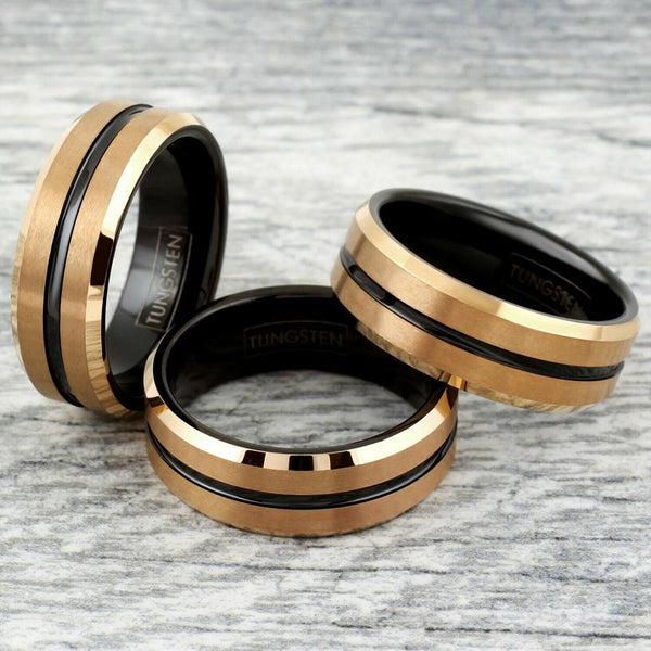 rose gold tungsten carbide ring w/ black stripe & black inner band | Wholesale tungsten carbide rings - wedding bands | group photo