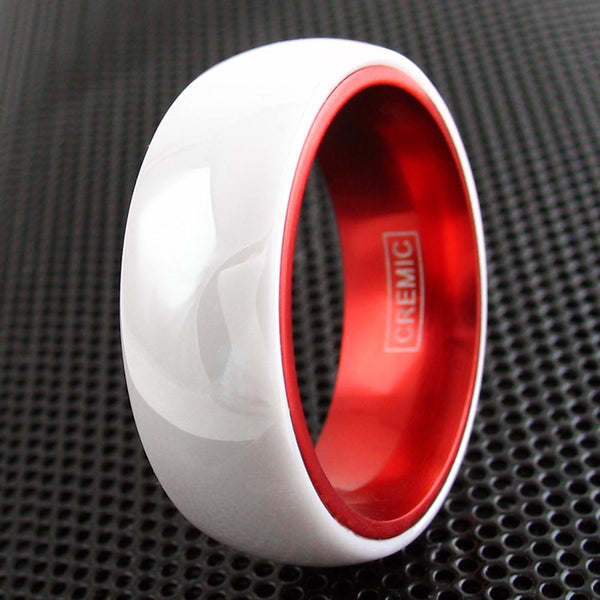 White ceramic ring w/ red anodized aluminum inner band | Wholesale ceramic rings - wedding bands | black grill photo