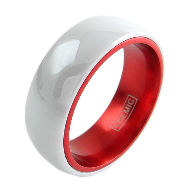 White ceramic ring w/ red anodized aluminum inner band | Wholesale ceramic rings - wedding bands | Diagonal photo