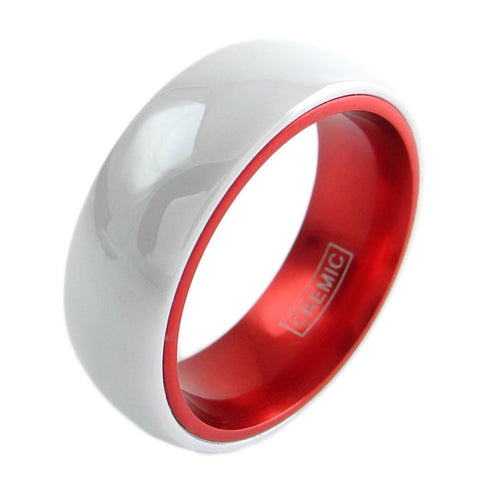 White ceramic ring w/ red anodized aluminum inner band | Wholesale ceramic rings - wedding bands | Diagonal photo