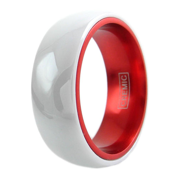 White ceramic ring w/ red anodized aluminum inner band | Wholesale ceramic rings - wedding bands | Upright photo